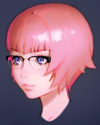 Rule 34 | 1girl, blunt bangs, close-up, commentary request, ezaki purin, ghost in the shell, ghost in the shell: sac 2045, glasses, highres, ilya kuvshinov, lips, pink hair, portrait, purple eyes, semi-rimless eyewear, short hair, simple background, solo