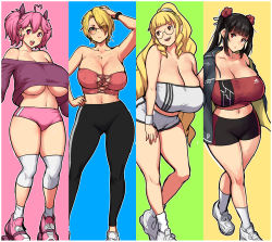 Rule 34 | 4girls, abigail fahrenheit, bare shoulders, black hair, black shorts, blonde hair, blue background, borrowed character, breasts, cleavage, cross-laced clothes, erkaz, green background, highres, huge breasts, large breasts, long hair, medium hair, midriff, multiple girls, navel, open mouth, original, outline, pink background, pink footwear, pink hair, pink shorts, ponytail, purple shirt, shirt, shoes, short hair, shorts, smile, socks, strapless, thighs, tube top, twintails, underboob, white footwear, white outline, white shorts, white socks, yellow background, yukihana (erkaz)