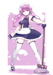 Rule 34 | 1girl, alternate costume, apron, bare shoulders, black footwear, blush, breasts, broom, commentary request, dress, frills, hair ornament, highres, holding, holding broom, long hair, looking at viewer, maid, maid apron, maid headdress, pon (shind 997), purple eyes, purple hair, shoes, short hair with long locks, small breasts, smile, solo, thighhighs, twintails, vocaloid, white thighhighs, yuzuki yukari