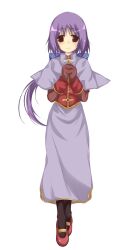 1girl acolyte_(ragnarok_online) black_socks blue_bow blush bow brown_eyes brown_gloves capelet closed_mouth full_body gloves hair_bow large_variant_set long_hair long_skirt long_sleeves looking_at_viewer low_ponytail mary_janes official_art own_hands_together purple_capelet purple_hair purple_skirt ragnarok:_guild_masters ragnarok_online red_footwear red_shirt shirt shoes simple_background skirt smile socks solo standing transparent_background variant_set yumesato_makura