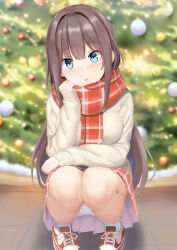 Rule 34 | 1girl, absurdres, blue eyes, blurry, blurry background, blush, brown hair, christmas, christmas ornaments, christmas tree, commentary, hand on lap, hand on own cheek, hand on own face, head tilt, highres, hoshimi tooni, long hair, long sleeves, looking at viewer, open mouth, original, panties, pantyshot, plaid, plaid scarf, plaid skirt, pleated skirt, scarf, shoes, skirt, sleeves past wrists, sneakers, solo, squatting, tree, underwear, very long hair