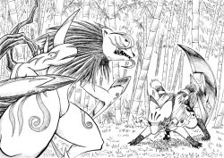 Rule 34 | bamboo, bamboo forest, blade, digimon, digimon (creature), forest, kyukimon, looking at another, mask, nature, reppamon
