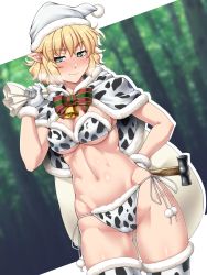 Rule 34 | 1girl, animal print, artist name, bag, bell, blonde hair, blush, bow, breasts, cameltoe, christmas, cleavage, closed mouth, collarbone, cow print, cowbell, fur-trimmed gloves, fur-trimmed headwear, fur-trimmed legwear, fur trim, gloves, green eyes, hammer, highres, mizuhashi parsee, navel, ootsuki wataru, panties, pointy ears, pom pom (clothes), shiny skin, short hair, solo, standing, stomach, string panties, striped, striped bow, sweatdrop, thighhighs, thighs, touhou, underwear, white gloves, white headwear