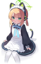 Rule 34 | 1girl, animal ear headphones, animal ears, apron, black dress, blonde hair, blue archive, blue bow, blue bowtie, blush, bow, bowtie, collared dress, commentary, commission, cropped legs, dress, fake animal ears, fake tail, frilled dress, frills, green eyes, green halo, halo, headphones, highres, invisible chair, long sleeves, looking at viewer, low ponytail, maid apron, maid headdress, midori (blue archive), midori (maid) (blue archive), open mouth, pantyhose, parted bangs, puffy long sleeves, puffy sleeves, short ponytail, sidelocks, simple background, sitting, skeb commission, tail, white apron, white background, white pantyhose, yuketsu