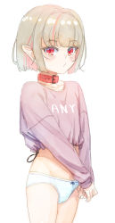 Rule 34 | 1girl, blush stickers, bow, bow panties, clothes writing, collar, cowboy shot, crop top, grey hair, highres, long sleeves, looking at viewer, makaino ririmu, multicolored hair, nijisanji, no pants, own hands together, panties, pink hair, pointy ears, red collar, red eyes, sabamen, short hair, simple background, sketch, solo, streaked hair, two-tone hair, underwear, virtual youtuber, white background