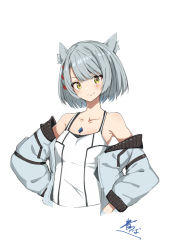 Rule 34 | absurdres, animal ear fluff, animal ears, aotsuba, bare shoulders, blush, bob cut, camisole, cat ears, cat girl, chest jewel, closed mouth, collarbone, cropped torso, flat chest, grey jacket, highres, jacket, long sleeves, looking at viewer, mio (xenoblade), off shoulder, open clothes, open jacket, short hair, signature, silver hair, simple background, smile, solo, tank top, upper body, white background, white tank top, xenoblade chronicles (series), xenoblade chronicles 3, yellow eyes