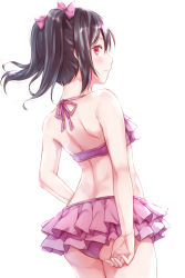 Rule 34 | 1girl, ass, back, bare arms, bare shoulders, bikini, black hair, blush, bow, closed mouth, commentary request, cowboy shot, from behind, hair between eyes, hair bow, halterneck, highres, hitotsuki no yagi, long hair, looking at viewer, looking back, love live!, love live! school idol project, pink bikini, pink bow, profile, red eyes, shoulder blades, simple background, solo, swimsuit, twintails, white background, yazawa nico