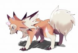 Rule 34 | animal focus, blue eyes, choko (sweetpocket), claws, closed mouth, creatures (company), frown, game freak, gen 7 pokemon, looking back, lycanroc, lycanroc (midday), nintendo, no humans, pokemon, pokemon (creature), simple background, spikes, white background, wolf