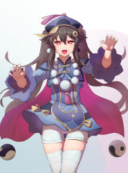 Rule 34 | 1girl, absurdres, bead necklace, beads, black nails, blue dress, blue hat, blue shorts, brown hair, chinese clothes, claw pose, cosplay, cowboy shot, dress, earrings, fang, genshin impact, hat, highres, hu tao (genshin impact), jewelry, jiangshi, long sleeves, looking at viewer, nail polish, necklace, open mouth, qiqi (genshin impact), qiqi (genshin impact) (cosplay), red eyes, ring, short dress, short shorts, shorts, simple background, skindentation, smile, solo, symbol-shaped pupils, talisman, thighhighs, twintails, white background, wide sleeves, yin yang