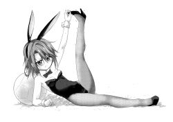 Rule 34 | 1girl, :t, animal ears, arm support, arm up, ball, bare shoulders, blush, bow, bowtie, breasts, cleavage, closed mouth, covered navel, detached collar, fake animal ears, full body, grass, greyscale, high heels, idolmaster, idolmaster cinderella girls, isshitaira, leg up, leotard, looking at viewer, lying, monochrome, motion lines, on back, on grass, pantyhose, playboy bunny, pout, rabbit ears, short hair, simple background, small breasts, soccer ball, solo, strapless, strapless leotard, stretching, sweatdrop, trembling, v-shaped eyebrows, white background, yuuki haru