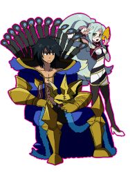 Rule 34 | 1boy, 1girl, aliasing, armor, black hair, breasts, cosplay, gaius (tales), glasses, green eyes, heart, long hair, looking at viewer, multicolored hair, muzet (tales), nichi keito, nichi keito (cosplay), outline, ponytail, red eyes, shindou sugata, shindou sugata (cosplay), sitting, smile, star driver, tales of (series), tales of xillia, transparent background, very long hair