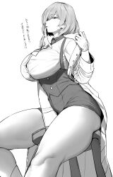 Rule 34 | 1girl, absurdres, breasts, coat, from side, gloves, gridman universe, highres, hotate-chan, large breasts, long sleeves, looking at viewer, monochrome, mouth hold, mujina, parted lips, short hair, sideways glance, sitting, solo, ssss.dynazenon, thick thighs, thighhighs, thighs, translation request