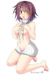 Rule 34 | 10s, 1girl, backless dress, backless outfit, bare legs, bare shoulders, barefoot, blush, breasts, dress, full body, furutaka (kancolle), halterneck, kantai collection, looking at viewer, meme attire, naked sweater, simple background, solo, sweater, sweater dress, tamagawa yukimaru, toes, turtleneck, turtleneck sweater, virgin killer sweater, wardrobe error