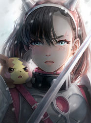 Rule 34 | alternate costume, armor, bad id, bad pixiv id, black hair, blue eyes, breastplate, chainmail, clenched teeth, commentary, creatures (company), crying, crying with eyes open, ear piercing, english commentary, fake horns, game freak, gen 8 pokemon, gradient background, grey background, grimace, hairband, horned headwear, horns, knight, looking at viewer, marnie (pokemon), mew2010, mixed-language commentary, morpeko, morpeko (full), nintendo, on shoulder, parted bangs, pauldrons, piercing, pokemon, pokemon (creature), pokemon on shoulder, pokemon swsh, scar, scar across eye, scar on face, short hair, shoulder armor, streaming tears, sword, tears, teeth, upper body, weapon
