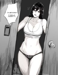 Rule 34 | 1girl, :o, bare shoulders, breasts, cleavage, collarbone, door, english text, greyscale, highres, kamishiro rize, large breasts, long hair, monochrome, notice lines, open door, panties, solo, speech bubble, stomach, thigh gap, tokyo ghoul, underwear, yourfreakyneighbourh