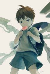Rule 34 | 1boy, backpack, bag, black bag, blue eyes, brown hair, candy, child, commentary request, cowboy shot, cyborg, denim, denim shorts, doutei (one-punch man), food, holding, holding food, lollipop, looking at viewer, male focus, mechanical arms, mechanical parts, noeyebrow (mauve), one-punch man, randoseru, short hair, shorts, simple background, solo, weapon, white background