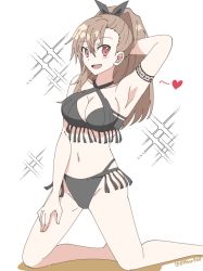 Rule 34 | arm behind head, armpits, bare legs, belly, black one-piece swimsuit, blush, breasts, brown hair, bwave968, cleavage, collarbone, eydis (sao), hair between eyes, hair ornament, happy, large breasts, navel, one-piece swimsuit, ponytail, red eyes, ribbon, signature, smile, swimsuit, sword art online, sword art online: alicization, tattoo, white background