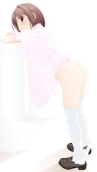 Rule 34 | 1girl, ass, bathroom, blush, brown eyes, brown footwear, brown hair, clothes lift, crossed arms, dedenden (pixiv30568724), dress, dress lift, from behind, highres, looking at viewer, looking back, no panties, pink dress, shoes, short hair, short sleeves, smile, standing, thighhighs, urinal, wall, white thighhighs