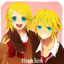 Rule 34 | 1boy, 1girl, aqua eyes, bad id, bad pixiv id, blonde hair, brother and sister, hair ornament, hairclip, kagamine len, kagamine rin, necktie, red necktie, school uniform, short hair, siblings, smile, sweater, twins, usamito, v, vocaloid