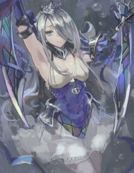 Rule 34 | 1girl, armpits, arms up, blue dress, bubble, closed mouth, dress, duel monster, grey hair, hair over one eye, holding, holding sword, holding weapon, kazo (kazozakazo), lock, long hair, purple eyes, reverse grip, solo, sword, tearlaments havnis, tiara, upper body, weapon, yu-gi-oh!