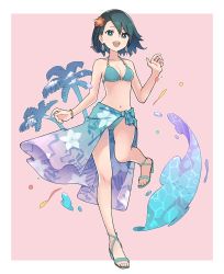 Rule 34 | 1girl, :d, bare shoulders, bikini, blue hair, breasts, cleavage, dark blue hair, earrings, feet, halterneck, highres, jewelry, looking at viewer, medium breasts, open mouth, original, otomika, palm tree, sandals, sarong, short hair, simple background, smile, solo, string bikini, swimsuit, toes, tree