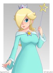 Rule 34 | 1girl, aqua dress, aqua eyes, artist name, blonde hair, blue dress, blue eyes, border, breasts, collarbone, crown, dated, dress, earrings, hair over one eye, highres, holding, holding wand, jewelry, keyboard-draws, long hair, long sleeves, mario (series), medium breasts, nintendo, off-shoulder dress, off shoulder, parted lips, pink nails, rosalina, solo, star (symbol), star earrings, star wand, super mario galaxy, wand, white border