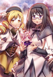 Rule 34 | 10s, 3girls, :o, akemi homura, bad id, bad pixiv id, black gloves, black hair, blonde hair, bow, braid, capelet, corset, dress, drill hair, fingerless gloves, gauntlets, glasses, gloves, hair bow, hairband, hat, kaname madoka, long hair, long sleeves, magical girl, mahou shoujo madoka magica, mahou shoujo madoka magica (anime), mini person, minigirl, multiple girls, open mouth, outstretched arms, own hands together, pink hair, purple eyes, red-framed eyewear, shirt, skirt, smile, suou sakura, tomoe mami, twin braids, twin drills, twintails, two side up, ultimate madoka, very long hair, white dress, white gloves, wings, yellow eyes
