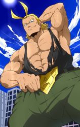 Rule 34 | 1boy, abs, all might, antenna hair, arm behind head, armpits, bara, blonde hair, blue eyes, boku no hero academia, bulge, cowboy shot, giant, giant male, grin, hair slicked back, kuroshinki, large pectorals, looking at viewer, male focus, muscular, navel, nipples, paid reward available, pectorals, smile, solo, tank top, torn clothes, torn tank top, upper body