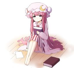 Rule 34 | 1girl, bad id, bad twitter id, barefoot, blunt bangs, book, crescent, crescent pin, dress, full body, hat, holding, holding book, long hair, long sleeves, mob cap, panties, pantyshot, patchouli knowledge, purple eyes, purple hair, revision, saple, sitting, solo, striped clothes, striped dress, touhou, underwear, very long hair, white background, white panties, wooden floor
