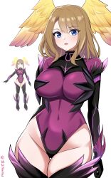 Rule 34 | 1girl, :o, absurdres, black footwear, black gloves, blue eyes, boots, breasts, brown hair, commentary, covered navel, elbow gloves, english commentary, eunie (xenoblade), feathered wings, gloves, groin, hair between eyes, head wings, highleg, highleg leotard, highres, large breasts, leotard, long hair, looking at viewer, medium hair, namu (112namu), ouroboros (xenoblade), parted bangs, parted lips, purple leotard, simple background, solo, swept bangs, thigh boots, thighhighs, thighs, twitter username, white background, wide hips, wings, xenoblade chronicles (series), xenoblade chronicles 3, yellow wings