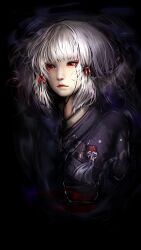 Rule 34 | 1girl, black background, black kimono, closed mouth, commentary request, fatal frame, fatal frame 5, grey hair, hair ribbon, highres, japanese clothes, kimono, kuro kosyou, obi, red eyes, red lips, red ribbon, ribbon, sash, shiragiku (fatal frame), simple background, solo, upper body