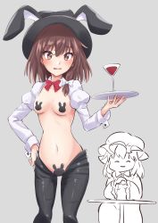 Rule 34 | 2girls, ^ ^, absurdres, alcohol, animal ears, black headwear, black legwear, blush, bow, bowtie, breasts, brown eyes, brown hair, closed eyes, commentary request, cowboy shot, cup, dress, drinking glass, eyelashes, fake animal ears, fedora, grey background, hair between eyes, hair bow, hat, highres, holding, holding tray, juliet sleeves, long sleeves, looking at viewer, maribel hearn, meme attire, mob cap, multiple girls, navel, open mouth, pantyhose, pasties, puffy sleeves, rabbit ears, ramie (ramie541), red bow, red neckwear, reverse bunnysuit, reverse outfit, short hair, shrug (clothing), simple background, small breasts, smile, standing, stomach, table, thighs, touhou, tray, usami renko, white bow, wide sleeves, wine, wine glass