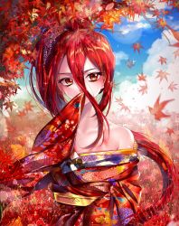 Rule 34 | 1other, blue sky, blush, cinnabar (houseki no kuni), cloud, covering own mouth, day, floating hair, floral print, hair between eyes, highres, houseki no kuni, hyuding (hhgy0925), japanese clothes, kimono, leaf, long hair, looking at viewer, maple leaf, mole, mole under eye, off shoulder, outdoors, print kimono, red eyes, red hair, red kimono, red theme, side ponytail, sky, solo, upper body