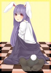Rule 34 | 1girl, absurdres, all fours, animal ears, ass, back, black pantyhose, blush, butt crack, checkered floor, crotch seam, crying, dress, dress shirt, feet, floor, from behind, highres, japanese clothes, kimono, kneeling, long hair, looking back, nemuta muu, off shoulder, on floor, open mouth, panties, panties under pantyhose, pantyhose, purple hair, rabbit ears, rabbit girl, rabbit tail, red eyes, reisen udongein inaba, sad, shirt, soles, solo, tail, tears, touhou, underwear, very long hair, white panties, white shirt, yukata