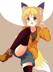 Rule 34 | &gt;:o, 1girl, animal ears, black thighhighs, blonde hair, borrowed character, brown background, extra ears, fox ears, fox tail, grey eyes, highres, hood, hood down, hoodie, leg lift, long sleeves, orange hoodie, original, partially unzipped, shirt, shoes, short hair, shorts, simple background, solo, striped clothes, striped shirt, suzune kou, tail, thighhighs, two-tone background, v-shaped eyebrows, white background