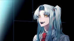 Rule 34 | 1girl, angela (project moon), blue hair, collared shirt, highres, jacket, light blue hair, lobotomy corporation, long hair, looking at viewer, necktie, one side up, open mouth, parted bangs, project moon, red necktie, shirt, shouzuo, sidelocks, solo, teeth, white jacket, white shirt, wing collar, yellow eyes