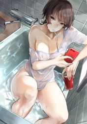Rule 34 | 1girl, absurdres, bare legs, bathroom, breasts, brown eyes, brown hair, can, cellphone, cleavage, commentary request, drink can, drinking straw, faucet, highres, holding, holding phone, indoors, knees up, kyoyakyo, large breasts, mouth hold, naked shirt, nipples, no bra, no panties, off shoulder, original, phone, see-through, shirt, short hair, single bare shoulder, sitting, smartphone, soda can, solo, tile wall, tiles, water, wet, wet clothes, wet shirt