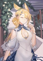 Rule 34 | 1girl, absurdres, animal ears, arknights, blonde hair, blue nails, bracelet, braid, breasts, china dress, chinese clothes, chinese commentary, cleavage, cleavage cutout, closed eyes, closed mouth, clothing cutout, commentary request, detached sleeves, dress, facing viewer, fingernails, flower, hand up, highres, jewelry, kroos (arknights), kroos the keen glint (along the corridor) (arknights), kroos the keen glint (arknights), large breasts, leaf, light smile, lips, long hair, nail polish, official alternate costume, pillar, plant, rabbit ears, rabbit girl, shenumengyiran, sleeveless, sleeveless dress, solo, very long hair, white dress, white flower, white sleeves
