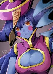 Rule 34 | 1girl, blue hair, blue skin, blurry, blurry foreground, blush stickers, breasts, cleavage, cleavage cutout, clothing cutout, colored skin, commentary, dated, dress, gradient background, hat, jiangshi, large breasts, lei lei, long hair, looking at viewer, mariebell, purple dress, purple hat, signature, smile, solo, talisman, vampire (game)