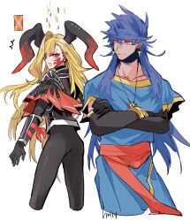 Rule 34 | 1boy, 1girl, armor, armored bodysuit, black armor, black bodysuit, black horns, blonde hair, blue hair, blue robe, bodysuit, bracelet, clothes on shoulders, collarbone, cowboy shot, crossed arms, dark blue hair, dragon horns, earrings, elbow gloves, facial mark, fate/grand order, fate (series), gloves, greco-roman clothes, hally, highres, horns, jewelry, long hair, long horns, necklace, nero claudius (fate), nero claudius (fate) (all), pointy ears, queen draco (fate), queen draco (third ascension) (fate), red eyes, robe, roman clothes, romulus (fate), romulus quirinus (fate), shoulder plates, signature, simple background, solo, wavy hair, white background
