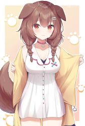 Rule 34 | 1girl, animal ears, bone hair ornament, braid, breasts, brown eyes, brown hair, cleavage, closed mouth, collar, collarbone, commentary request, cowboy shot, dog ears, dog girl, dog tail, dress, hair ornament, heart, heart-shaped pupils, highres, hololive, inugami korone, inugami korone (1st costume), jacket, kagami (kgmgts), large breasts, looking at viewer, medium hair, open clothes, open jacket, pink collar, sidelocks, smile, solo, standing, symbol-shaped pupils, tail, twin braids, virtual youtuber, white dress, yellow jacket