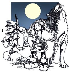 Rule 34 | 1boy, 1girl, absurdres, ainu clothes, armor, asirpa, backpack, bag, blush, boots, bow (weapon), cape, closed eyes, commentary, crosshatching, full moon, fur boots, fur cape, golden kamuy, greyscale with colored background, gun, gun on back, hand to own mouth, hat, hatching (texture), headband, highres, holding, holding bow (weapon), holding weapon, howling, jacket, japanese armor, japanese clothes, kepi, kimono, knee boots, kneeling, knife, kote, long hair, long sleeves, military hat, moon, mushroom (osh320), musical note, narrowed eyes, outside border, pants, retar, rifle, scarf, scarf pull, sheath, sheathed, short hair, short kimono, standing, striped clothes, striped scarf, sugimoto saichi, symbol-only commentary, weapon, weapon on back, whistling, wolf