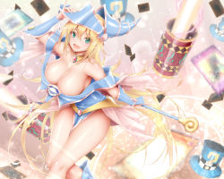 Rule 34 | 1girl, :d, arm guards, arm up, bare shoulders, blonde hair, blue dress, blue footwear, blurry, blurry background, blush, breasts, calcio, card, cleavage, collarbone, commentary request, crossed legs, dark magician girl, dress, duel monster, fang, feet out of frame, floating card, green eyes, hair between eyes, hand up, hat, highres, huge breasts, large breasts, leaning forward, lens flare, lens flare abuse, long hair, looking at viewer, off-shoulder dress, off shoulder, open mouth, pentacle, pentagram, shiny skin, sideboob, sidelocks, skin fang, sleeveless, sleeveless dress, smile, solo, sparkle, thighs, top hat, very long hair, wand, wizard hat, yu-gi-oh!