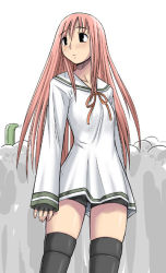 Rule 34 | 00s, 1girl, air gear, bike shorts, black thighhighs, blunt bangs, blush, collarbone, cowboy shot, dress, komusou (komusou1), long hair, looking afar, looking to the side, pink hair, red ribbon, ribbon, sailor dress, shorts, simca, simple background, sleeves past wrists, solo, standing, thighhighs, very long hair, white background, white dress
