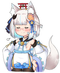 Rule 34 | 1girl, animal ears, bailingxiao jiu, bare shoulders, bell, black thighhighs, blue hair, blue ribbon, blunt bangs, blush, braid, breasts, closed eyes, closed mouth, cropped legs, detached sleeves, dress, fang, fang out, fox ears, fox girl, fox hair ornament, fox tail, glasses, glowing, hands on own hips, jingle bell, long sleeves, magatama, magatama hair ornament, multicolored hair, neck ribbon, original, red-framed eyewear, ribbon, ribbon-trimmed sleeves, ribbon trim, short eyebrows, silver hair, simple background, sleeveless, sleeveless dress, small breasts, smile, solo, tail, tail raised, thick eyebrows, thighhighs, torii, two-tone hair, white background, white dress, white sleeves, wide sleeves