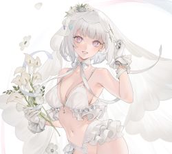 Rule 34 | 1girl, bare shoulders, bikini, blush, breasts, bridal veil, cleavage, earrings, flower, gloves, grin, groin, highres, jewelry, looking at viewer, navel, ohisashiburi, original, purple eyes, short hair, simple background, smile, solo, swimsuit, veil, white background, white bikini, white gloves, white hair