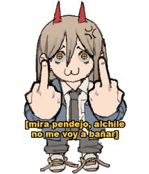 Rule 34 | 1girl, :3, anger vein, black necktie, black pants, blonde hair, chainsaw man, collared shirt, commentary, cross-shaped pupils, demon girl, demon horns, double middle finger, full body, hair between eyes, hands up, horns, looking at viewer, middle finger, necktie, pants, pants rolled up, pantsu-ripper, poptepipic, power (chainsaw man), profanity, red horns, shirt, solo, spanish commentary, spanish text, standing, symbol-shaped pupils, translated, untied footwear, white background