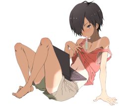 Rule 34 | 00s, 1boy, androgynous, bad id, bad pixiv id, barefoot, clothes lift, computer, food, full body, hair over one eye, hatss, ikezawa kazuma, keyboard (computer), laptop, male focus, popsicle, reclining, shirt lift, shirt tan, shorts tan, simple background, slash (syrh3ee), solo, strap slip, summer wars, tan, tanline, tupet, white background