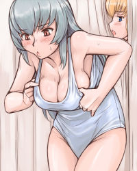 Rule 34 | 00s, 2girls, blonde hair, blue eyes, blush, breasts, cleavage, dressing room, inconvenient breasts, large breasts, multiple girls, aged up, one-piece swimsuit, rozen maiden, shinku, silver hair, suigintou, sweat, swimsuit, tsuda nanafushi