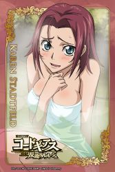 Rule 34 | 1girl, bare shoulders, bath, bathing, blue eyes, blush, breasts, card (medium), character name, code geass, copyright name, embarrassed, hand on own chest, kouzuki kallen, large breasts, looking at viewer, naked towel, official art, onsen, red hair, short hair, skindentation, solo, towel, water, wet, wet hair